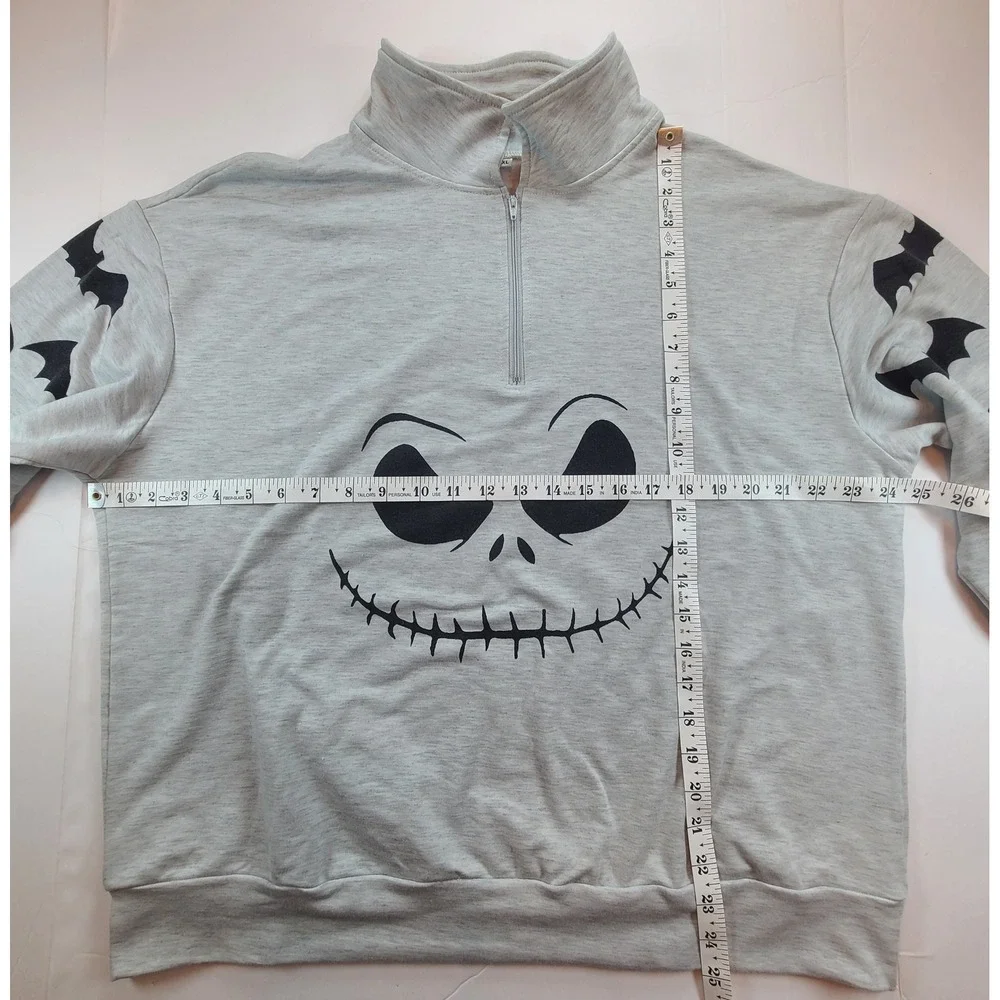 Mens 2XL Jack Skellington Bat Print Mock Neck‎ Quarter Zip Pullover Sweatshirt